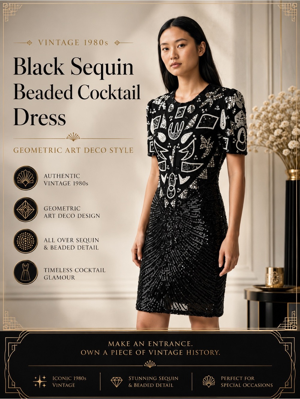Vintage 1980s Black Sequin Beaded Cocktail Dress Geometric Art Deco Style Sz M